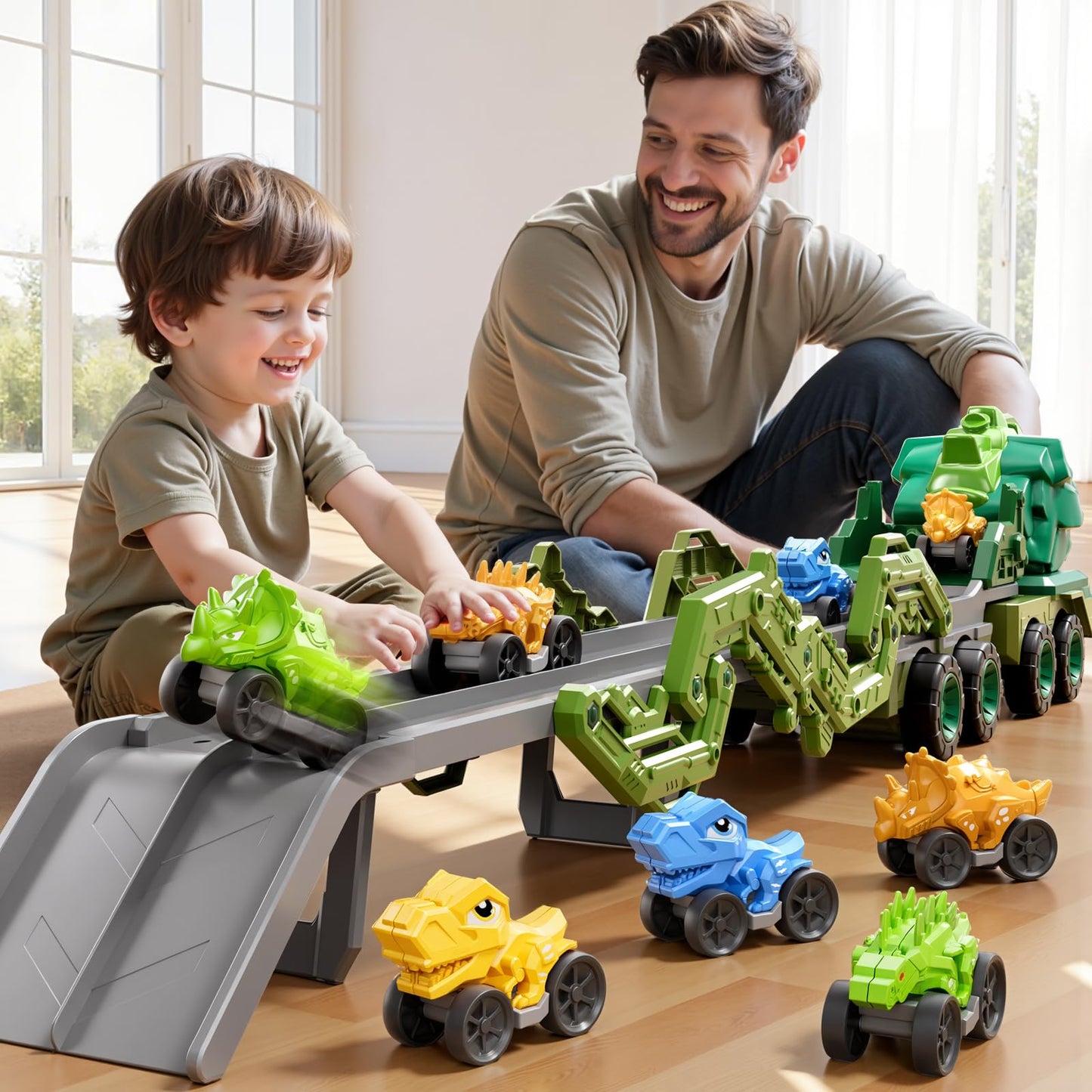 PEADUCK 10-in-1 Dinosaur Carrier Truck – Foldable Track, Lights & Spray for Ages 3-8