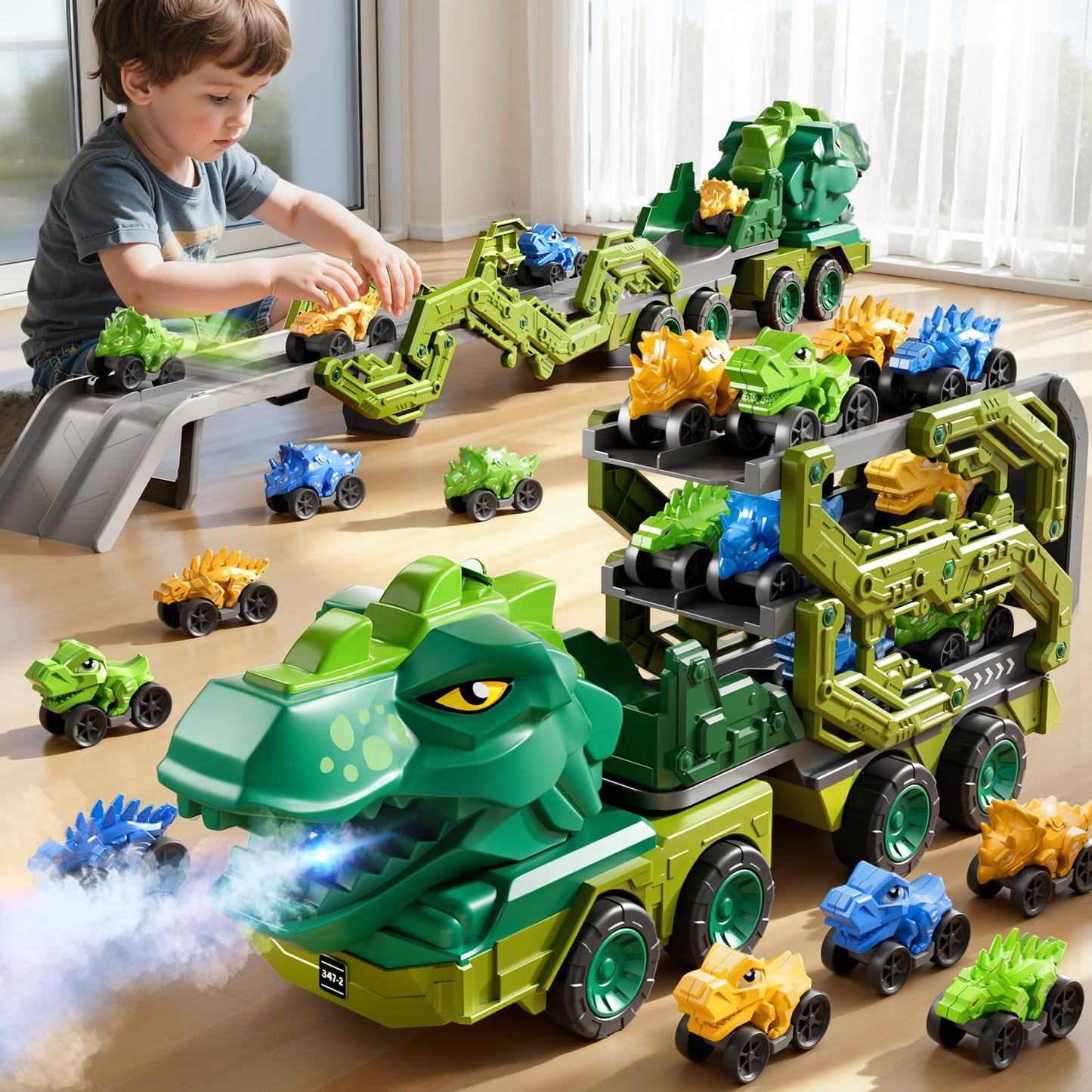 PEADUCK 10-in-1 Dinosaur Carrier Truck – Foldable Track, Lights & Spray for Ages 3-8