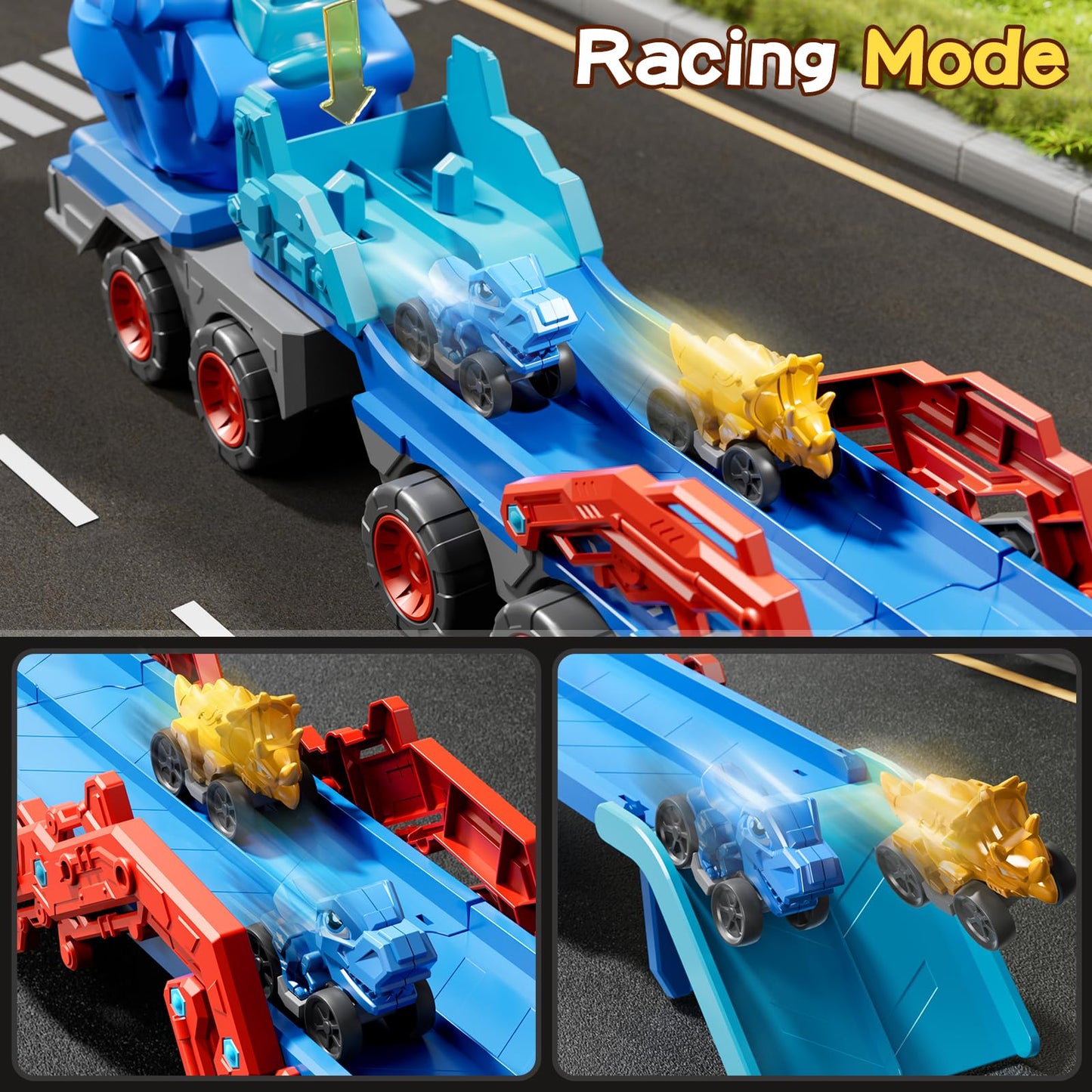 PEADUCK 10-in-1 Dinosaur Carrier Truck with Foldable Track, Lights & Sounds