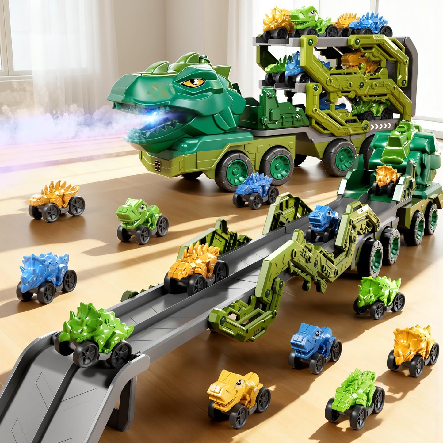 PEADUCK 10-in-1 Dinosaur Carrier Truck – Foldable Track, Lights & Spray for Ages 3-8