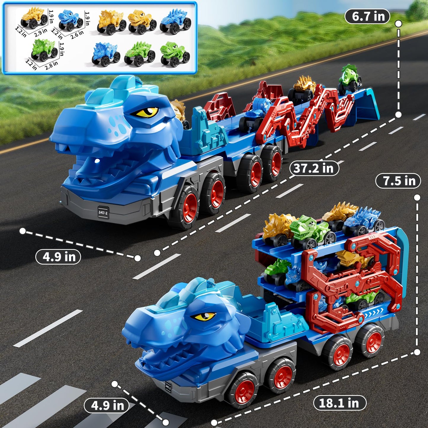 PEADUCK 10-in-1 Dinosaur Carrier Truck with Foldable Track, Lights & Sounds