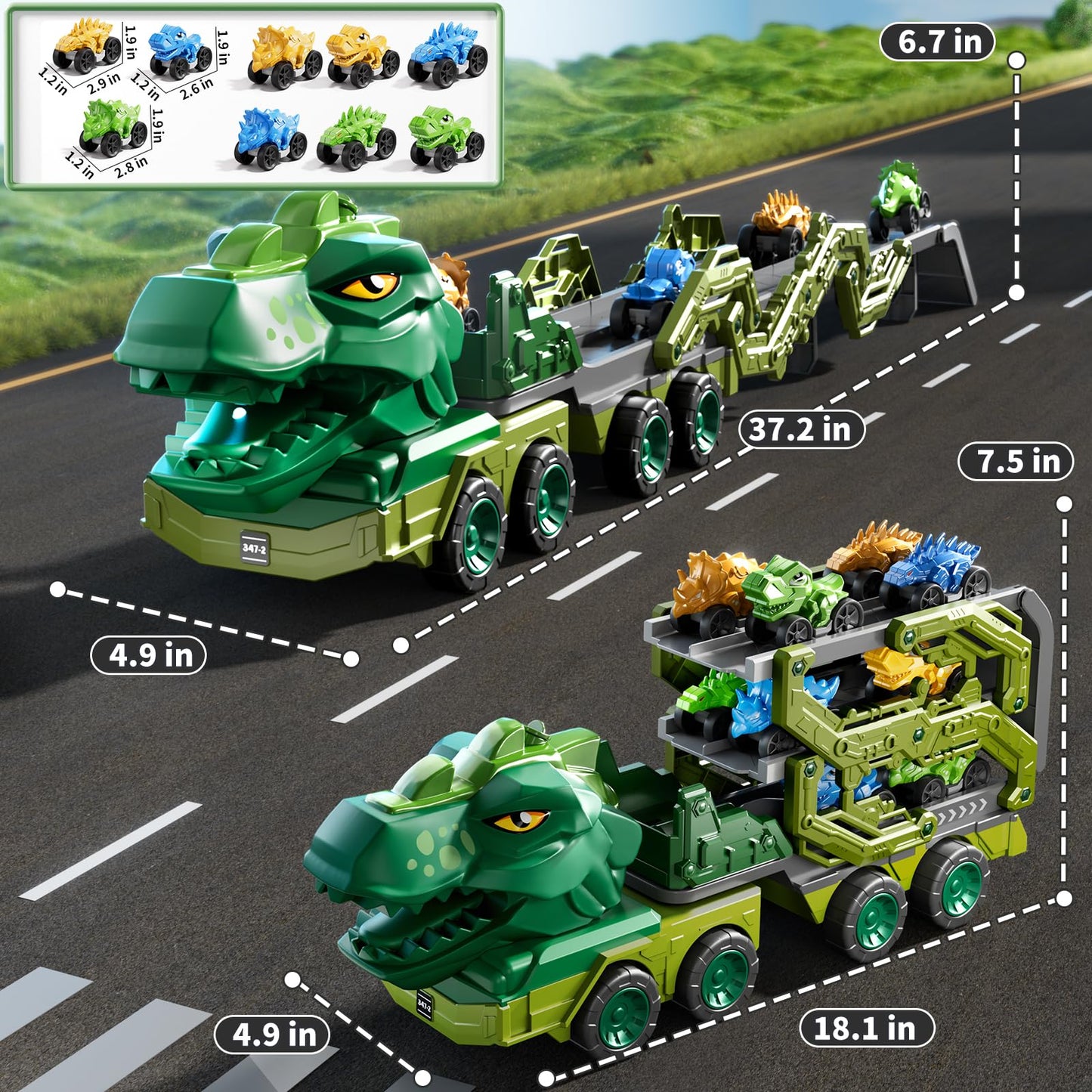 PEADUCK 10-in-1 Dinosaur Carrier Truck – Foldable Track, Lights & Spray for Ages 3-8