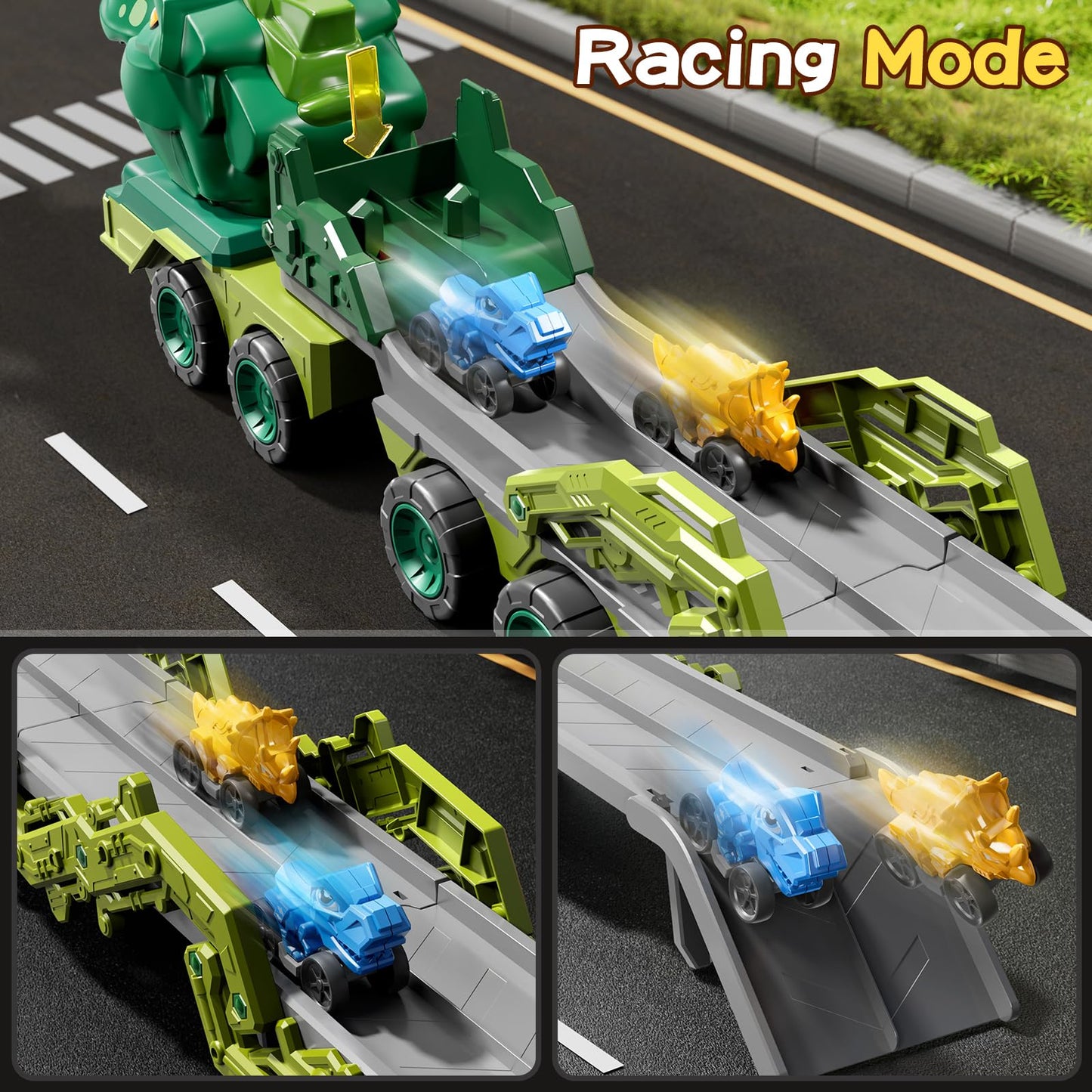 PEADUCK 10-in-1 Dinosaur Carrier Truck – Foldable Track, Lights & Spray for Ages 3-8