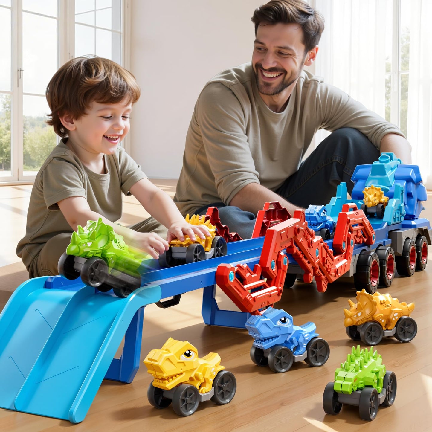 PEADUCK 10-in-1 Dinosaur Carrier Truck with Foldable Track, Lights & Sounds