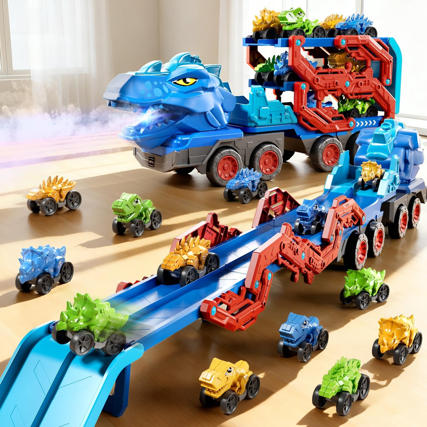 PEADUCK 10-in-1 Dinosaur Carrier Truck with Foldable Track, Lights & Sounds