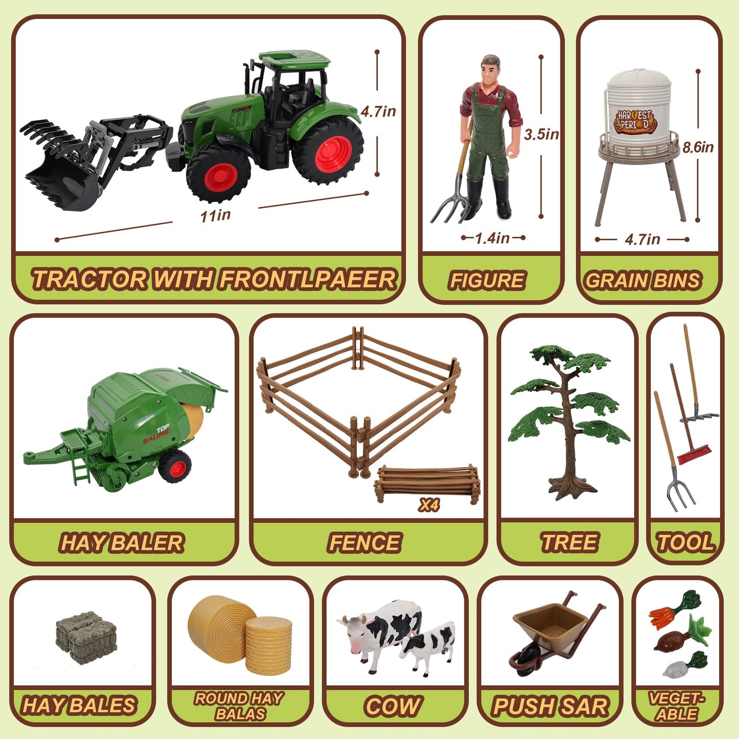 Peagprav Farm Tractor Toys Set – Bale Haying Round Baler with Barn & Tools for Kids 3-7