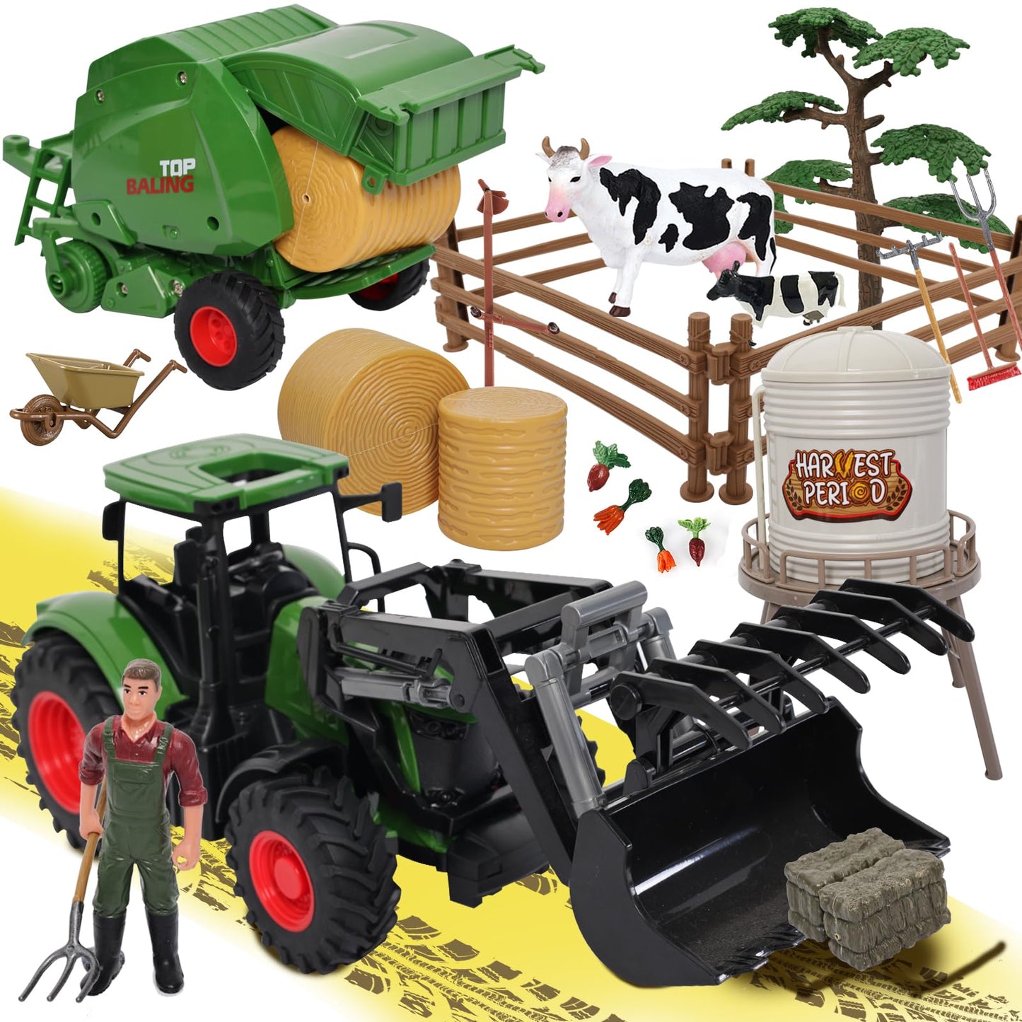 Peagprav Farm Tractor Toys Set – Bale Haying Round Baler with Barn & Tools for Kids 3-7