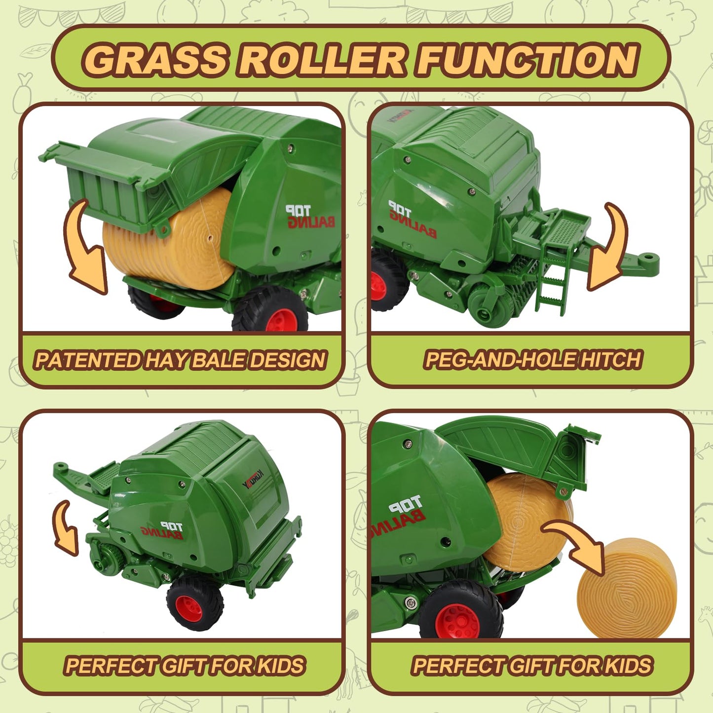 Peagprav Farm Tractor Toys Set – Bale Haying Round Baler with Barn & Tools for Kids 3-7