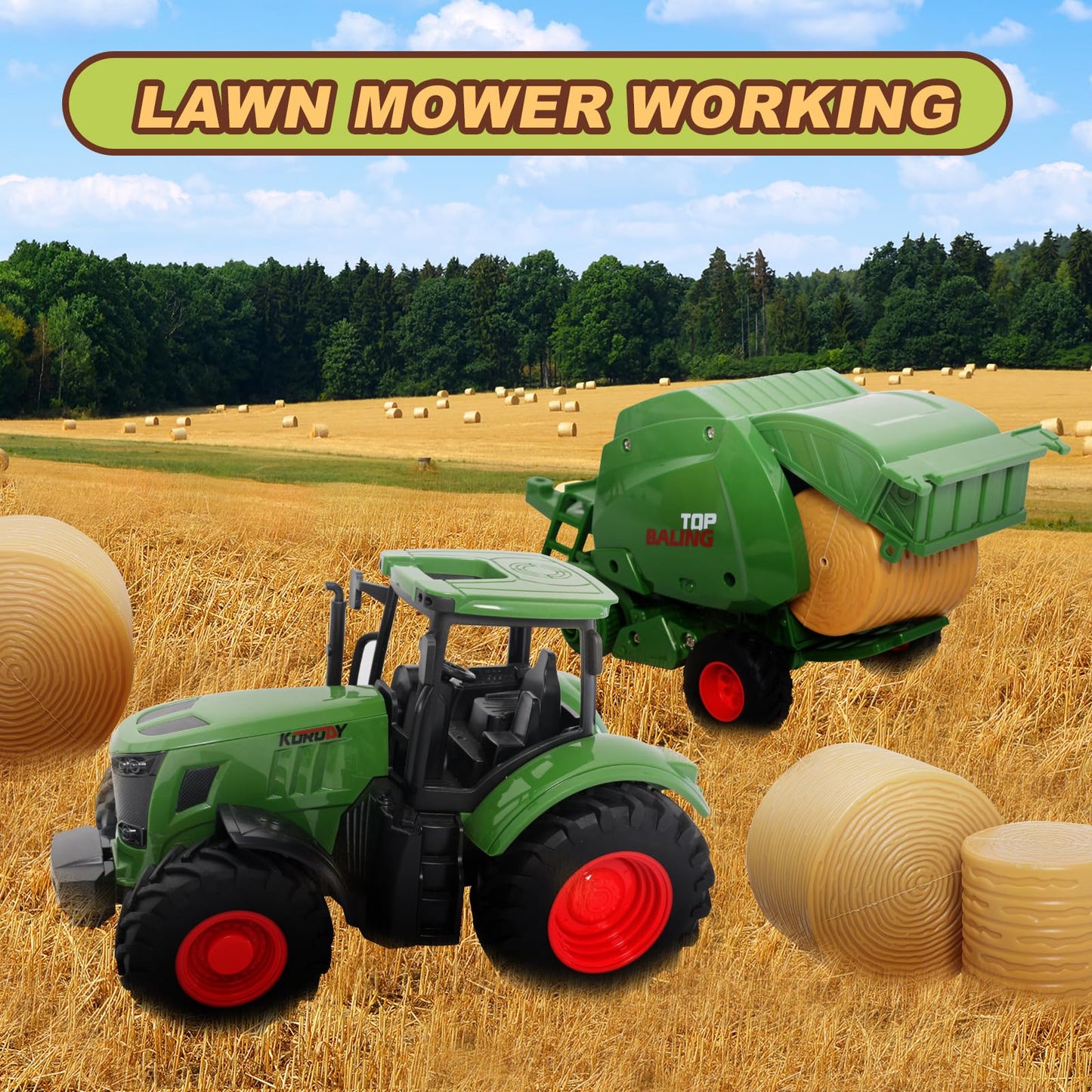 Peagprav Farm Tractor Toys Set – Bale Haying Round Baler with Barn & Tools for Kids 3-7