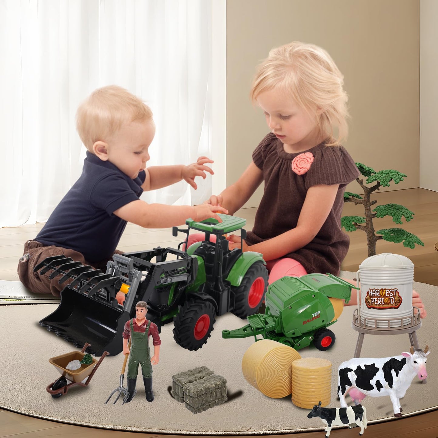 Peagprav Farm Tractor Toys Set – Bale Haying Round Baler with Barn & Tools for Kids 3-7