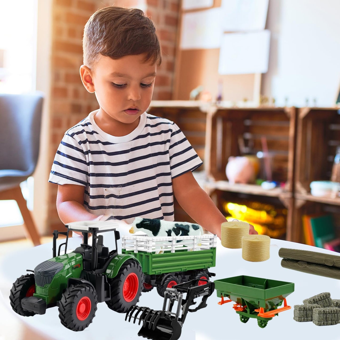Peagprav Farm Toys Tractor with Trailer - 16.5-Inch Playset for Ages 3-7