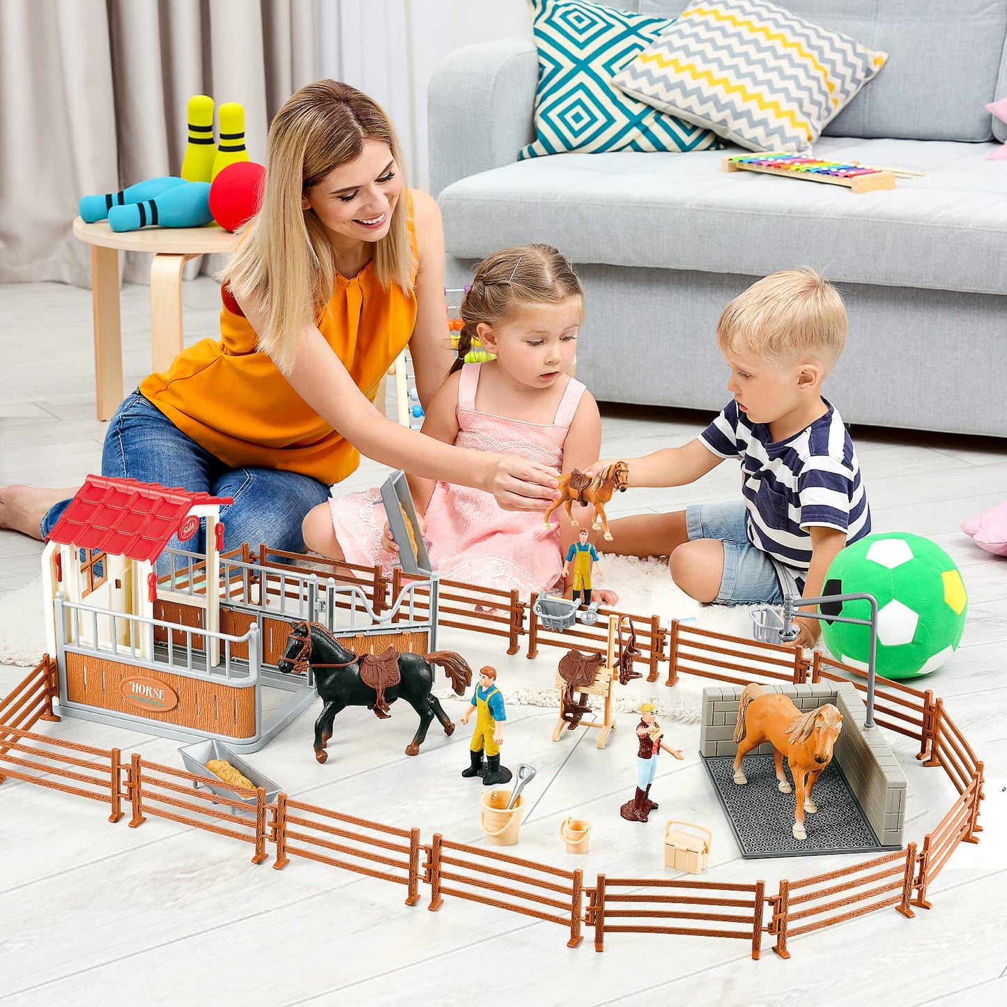 Peagprav Horse Stable Playset with Rider, Wash Area, Fence & Figures – Gift for Ages 3-8