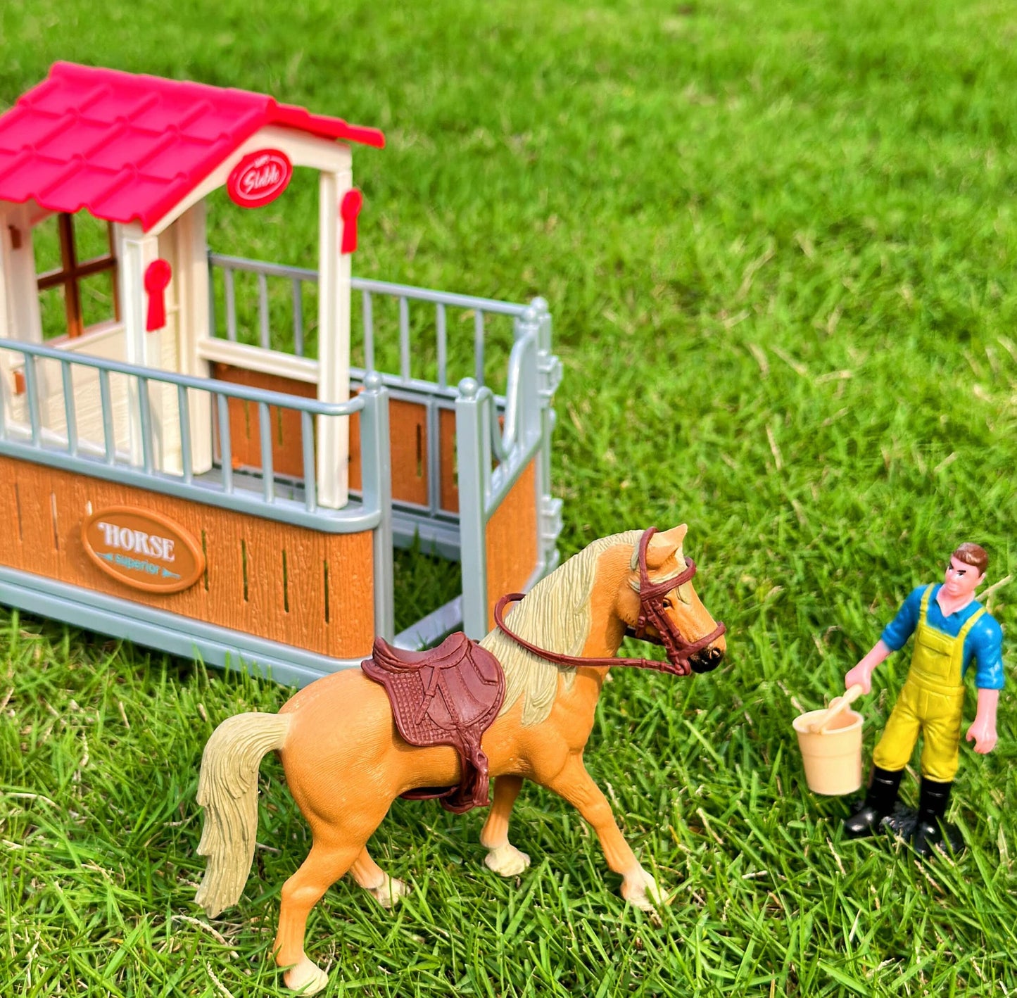 Peagprav Horse Stable Playset with Rider, Wash Area, Fence & Figures – Gift for Ages 3-8