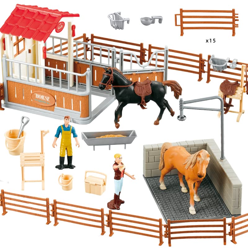 Peagprav Horse Stable Playset with Rider, Wash Area, Fence & Figures – Gift for Ages 3-8