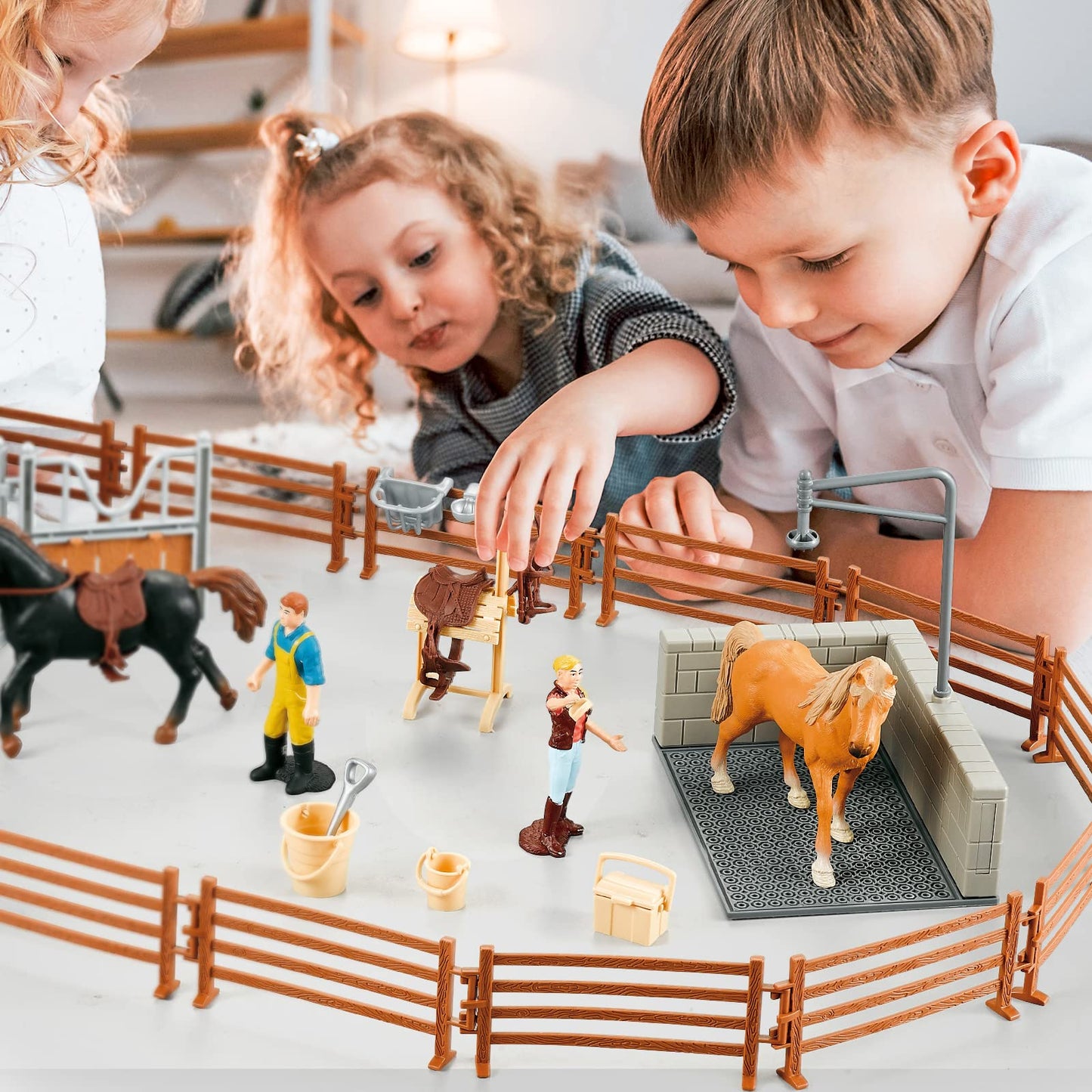 Peagprav Horse Stable Playset with Rider, Wash Area, Fence & Figures – Gift for Ages 3-8