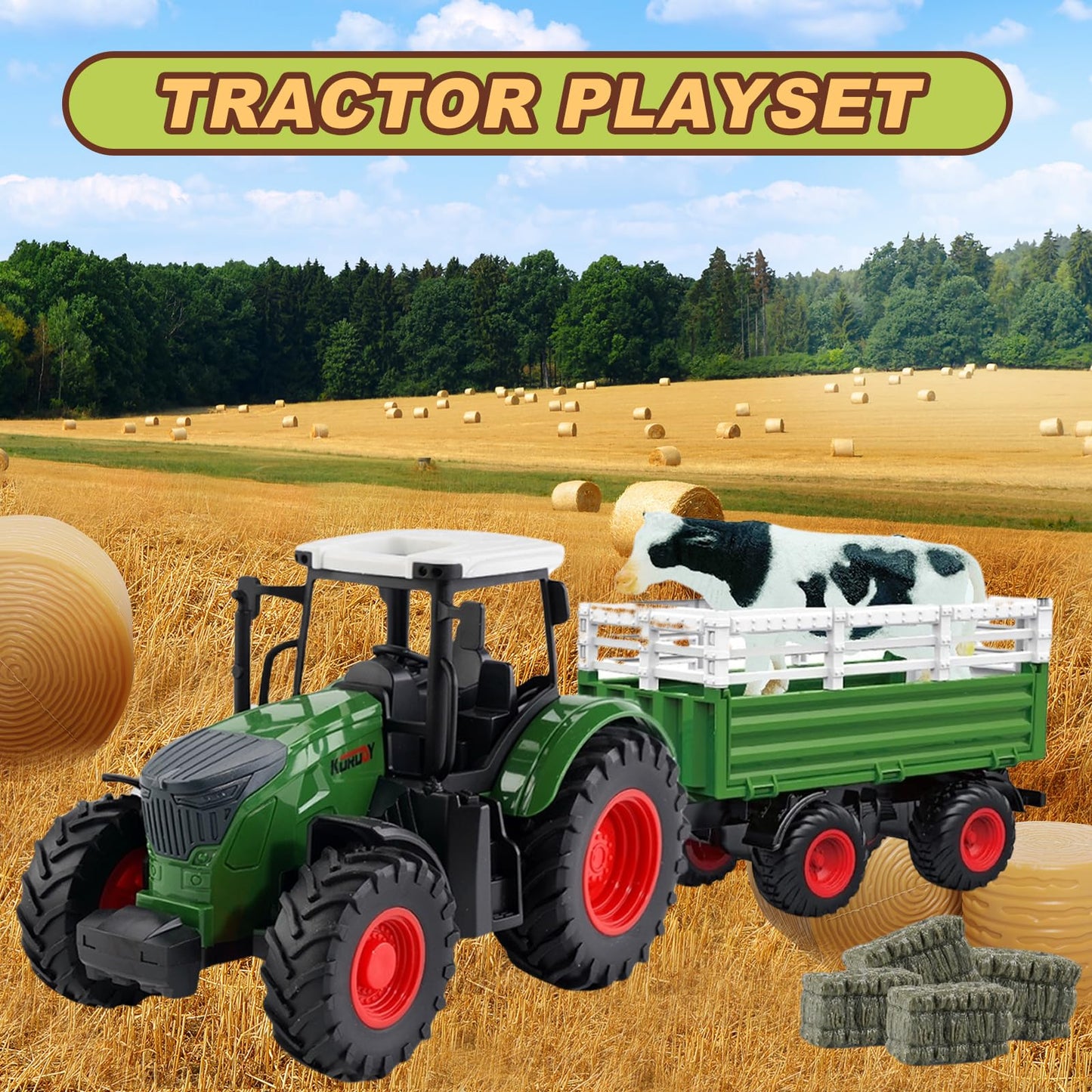 Peagprav Farm Toys Tractor with Trailer - 16.5-Inch Playset for Ages 3-7