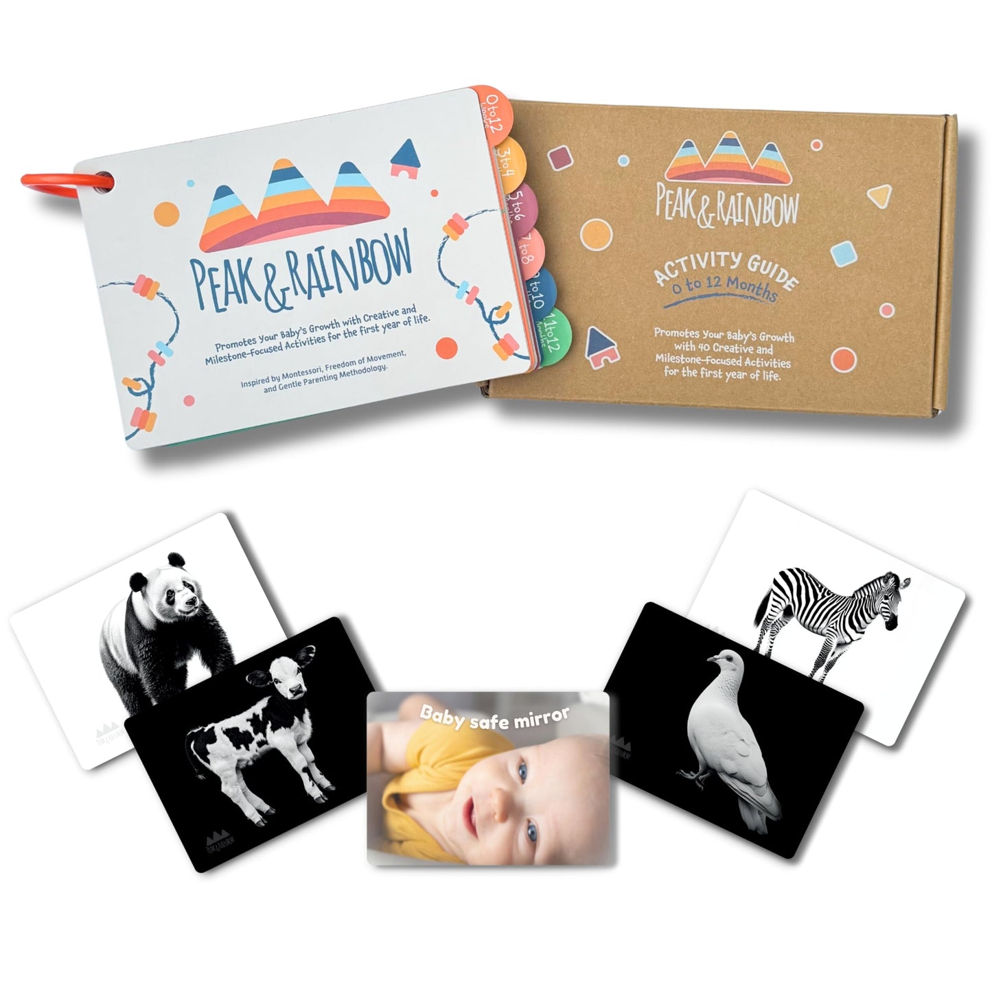 Peak and Rainbow Montessori Baby Activity Cards 0-12 Months | 40+ Creative Play Activities