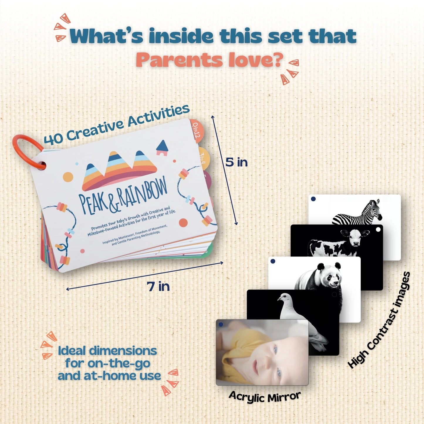 Peak and Rainbow Montessori Baby Activity Cards 0-12 Months | 40+ Creative Play Activities