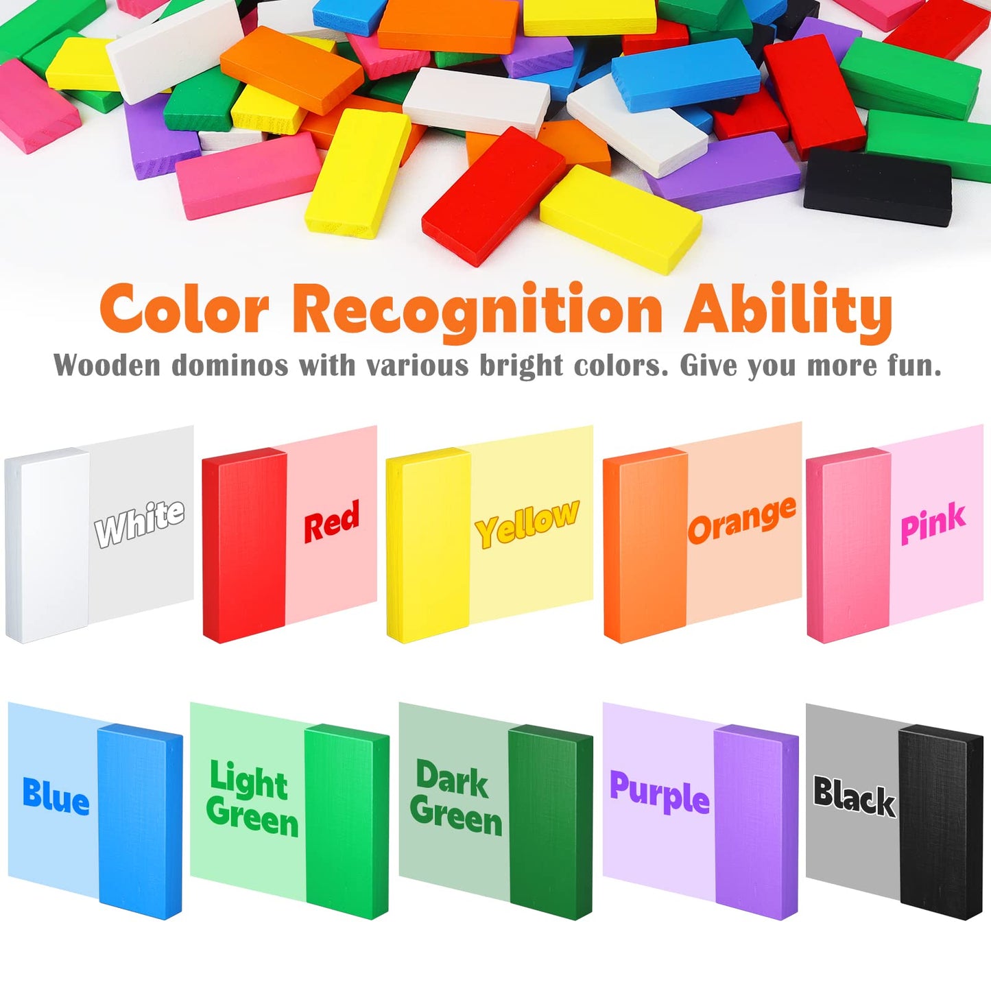 PEBIRA 200-Piece Large Dominoes for Kids — Colorful Wooden Set with 10 Add-On Blocks and Storage Bag