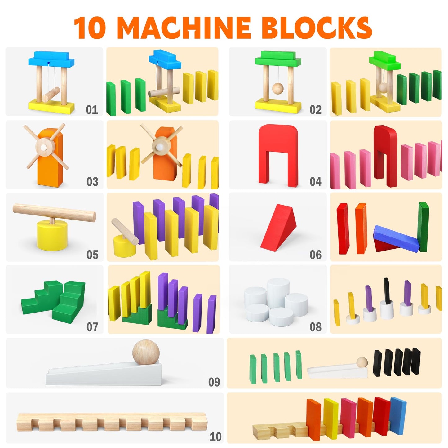 PEBIRA 200-Piece Large Dominoes for Kids — Colorful Wooden Set with 10 Add-On Blocks and Storage Bag