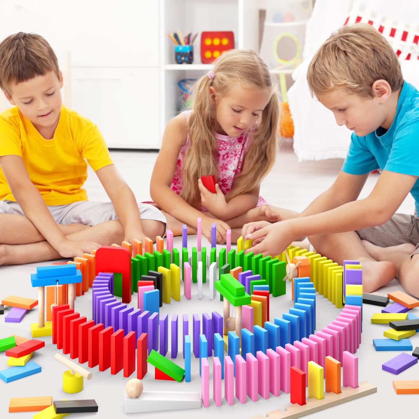 PEBIRA 200-Piece Large Dominoes for Kids — Colorful Wooden Set with 10 Add-On Blocks and Storage Bag