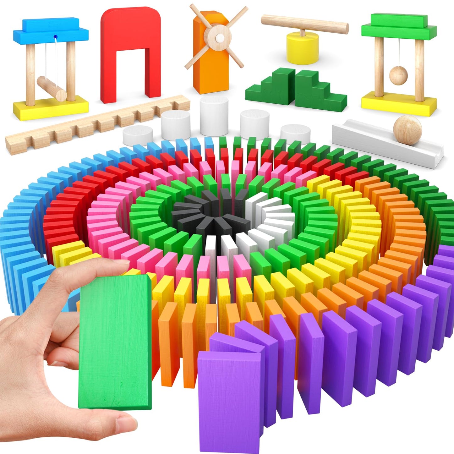 PEBIRA 200-Piece Large Dominoes for Kids — Colorful Wooden Set with 10 Add-On Blocks and Storage Bag