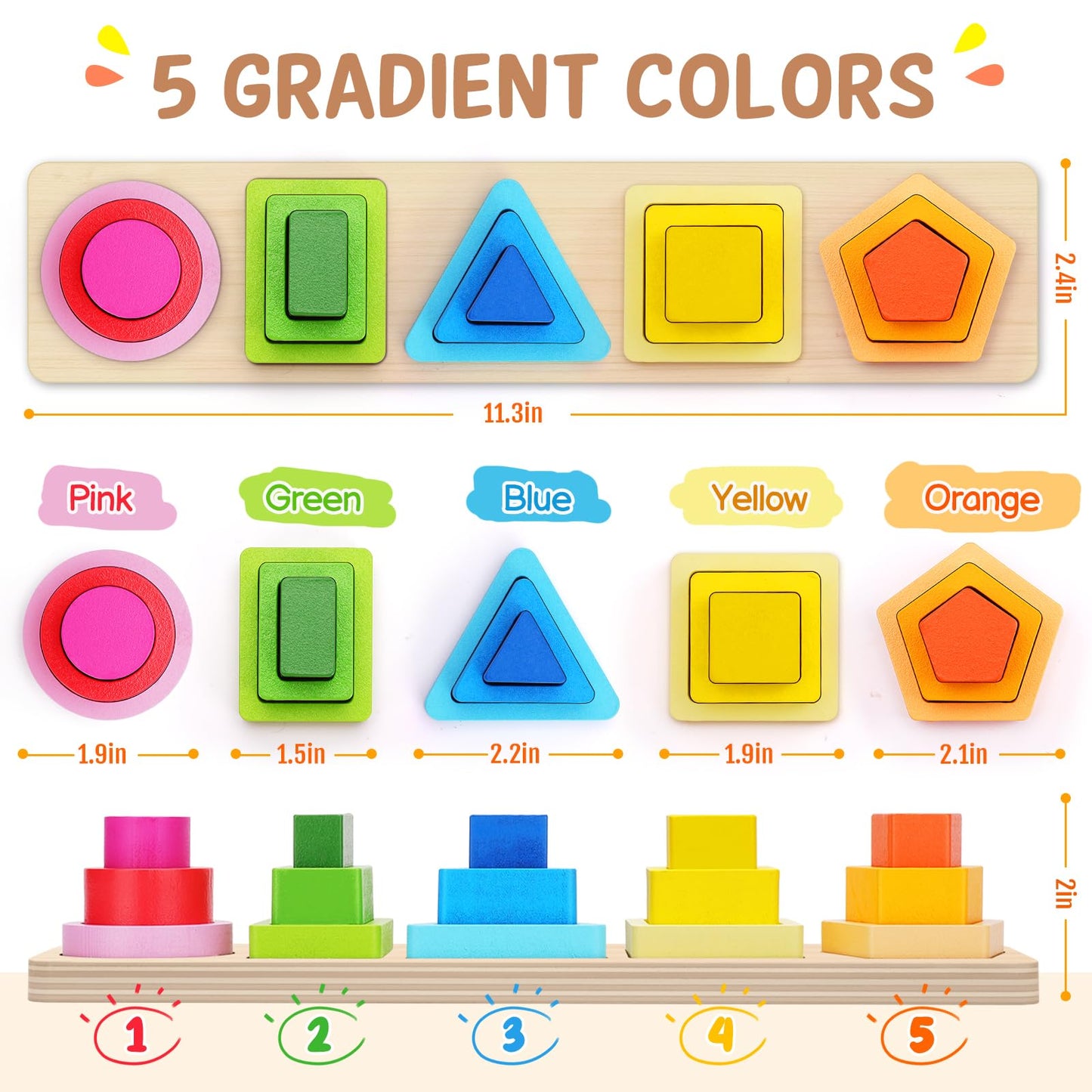 PEBIRA Montessori Wooden Stacking Blocks — Shape Sorter & Domino Toy for Ages 1-4