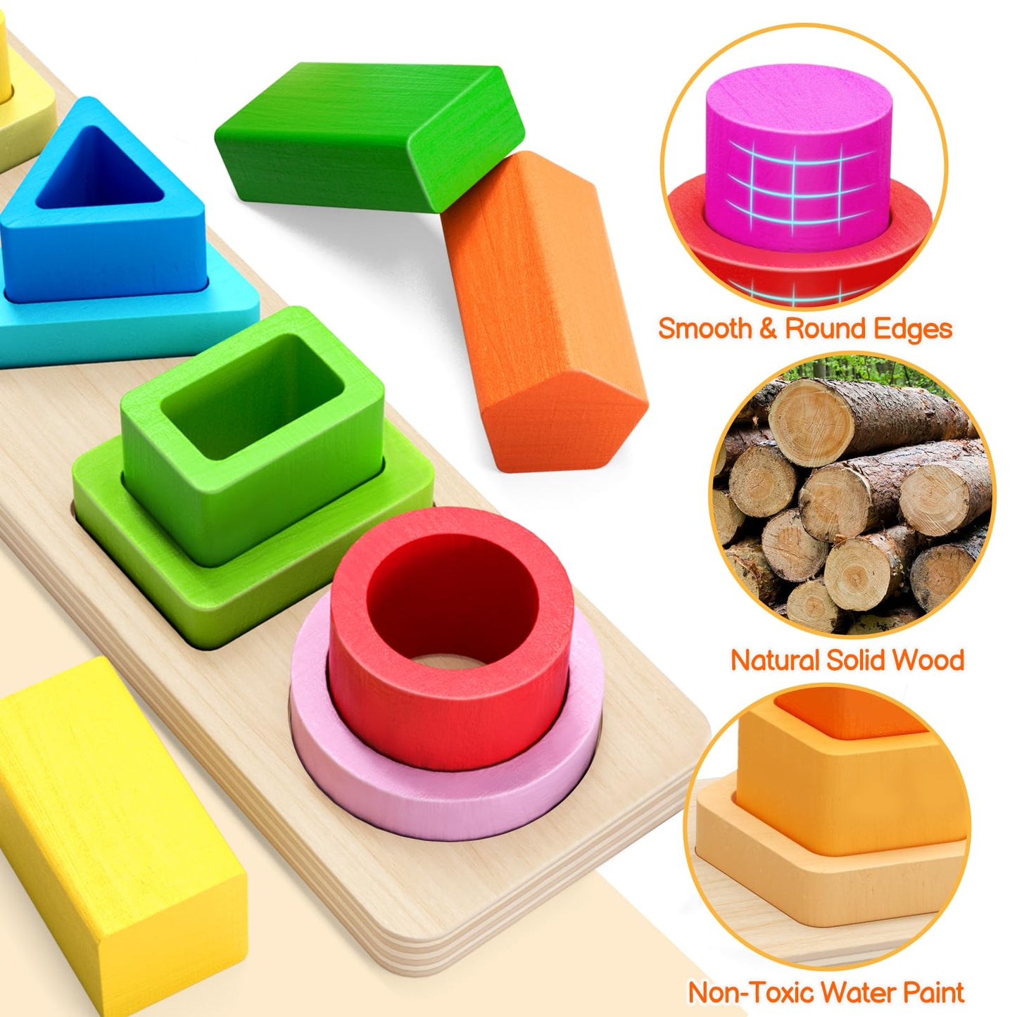 PEBIRA Montessori Wooden Stacking Blocks — Shape Sorter & Domino Toy for Ages 1-4