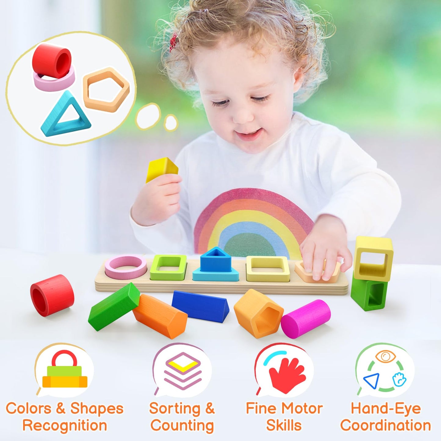 PEBIRA Montessori Wooden Stacking Blocks — Shape Sorter & Domino Toy for Ages 1-4