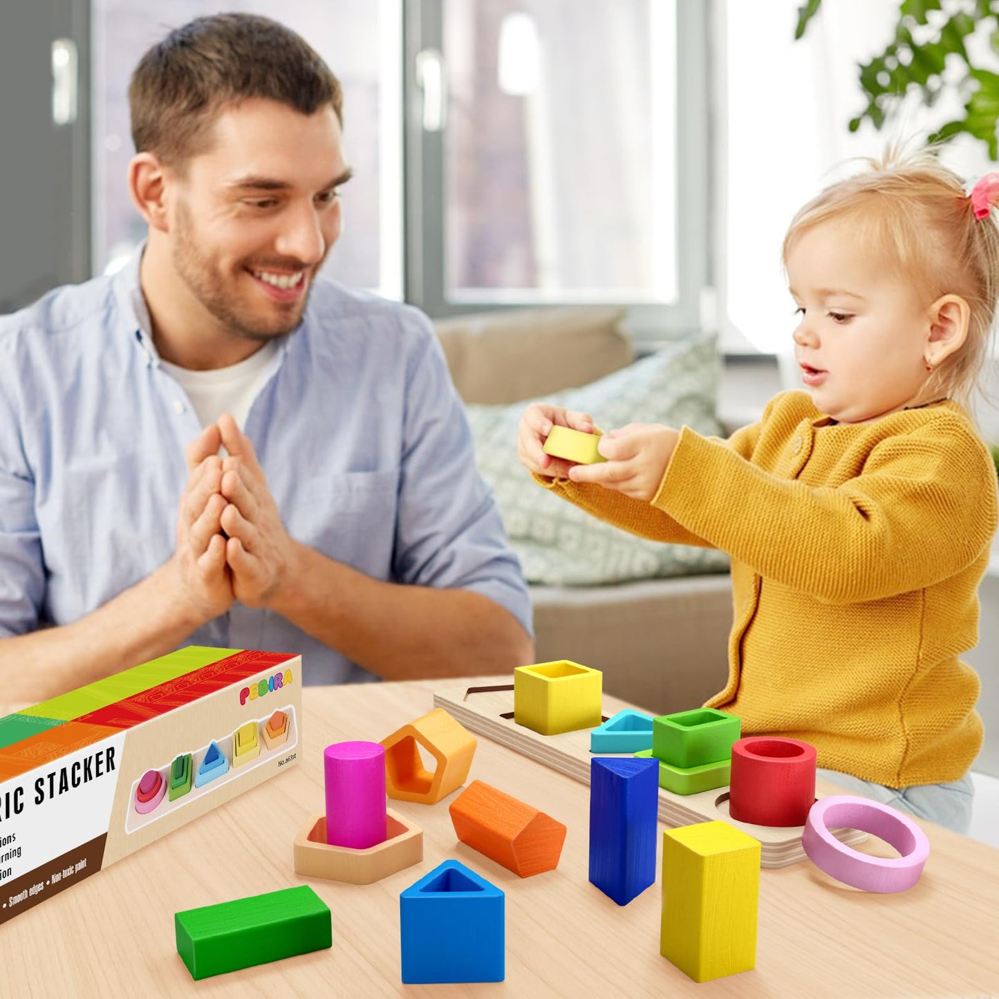 PEBIRA Montessori Wooden Stacking Blocks — Shape Sorter & Domino Toy for Ages 1-4