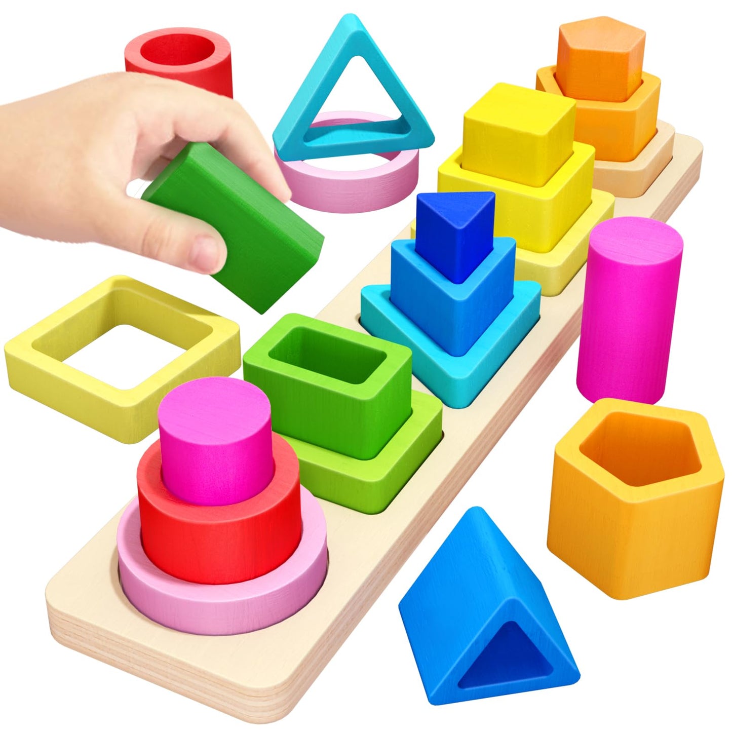PEBIRA Montessori Wooden Stacking Blocks — Shape Sorter & Domino Toy for Ages 1-4
