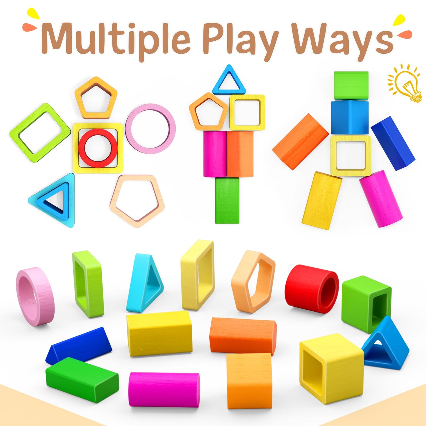 PEBIRA Montessori Wooden Stacking Blocks — Shape Sorter & Domino Toy for Ages 1-4