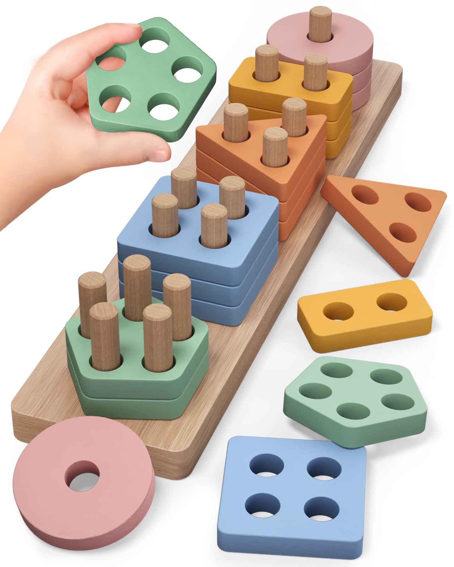 PEBIRA Montessori Toys for 1-2 Year Olds | Wooden Shape Sorter & Stacking Blocks