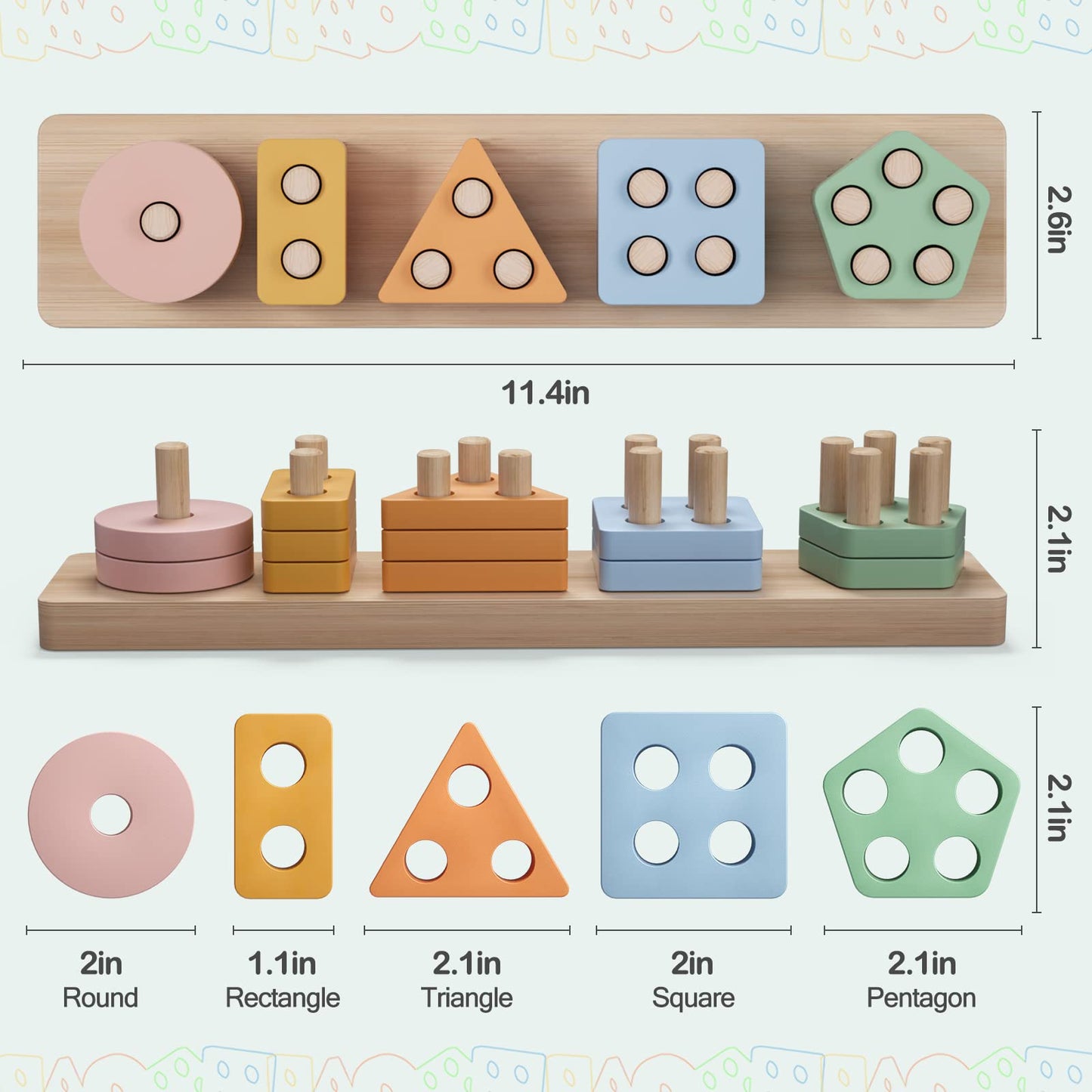 PEBIRA Montessori Toys for 1-2 Year Olds | Wooden Shape Sorter & Stacking Blocks