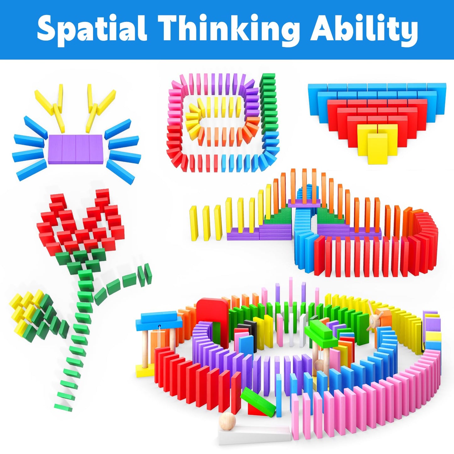 PEBIRA 200-Piece Large Dominoes for Kids — Colorful Wooden Set with 10 Add-On Blocks and Storage Bag