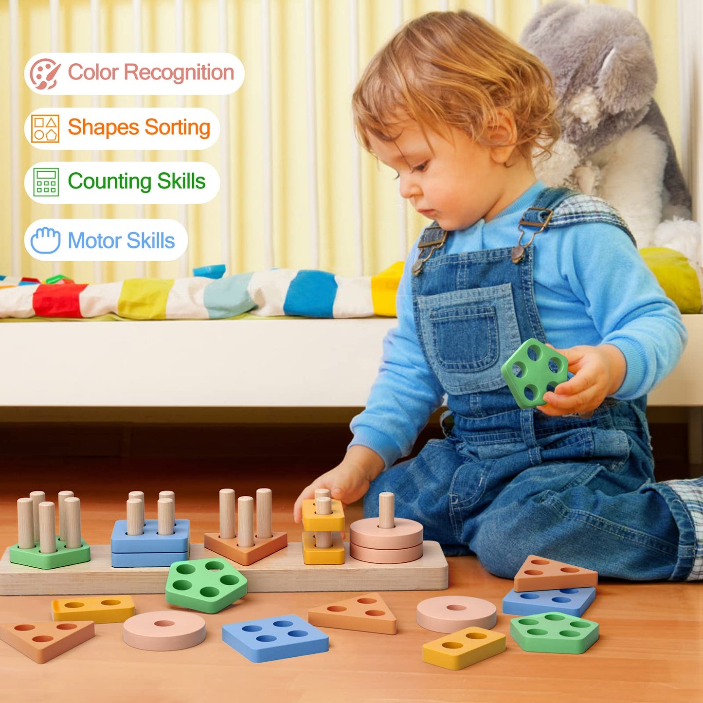 PEBIRA Montessori Toys for 1-2 Year Olds | Wooden Shape Sorter & Stacking Blocks