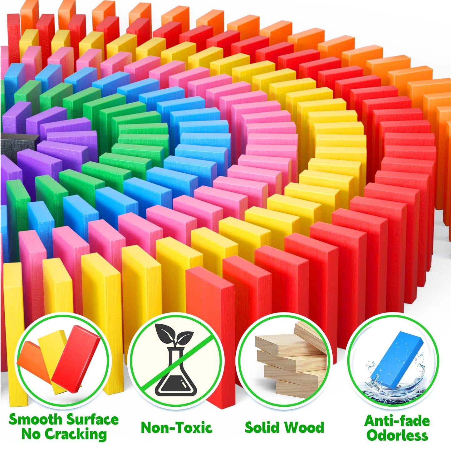 PEBIRA 200-Piece Large Dominoes for Kids — Colorful Wooden Set with 10 Add-On Blocks and Storage Bag