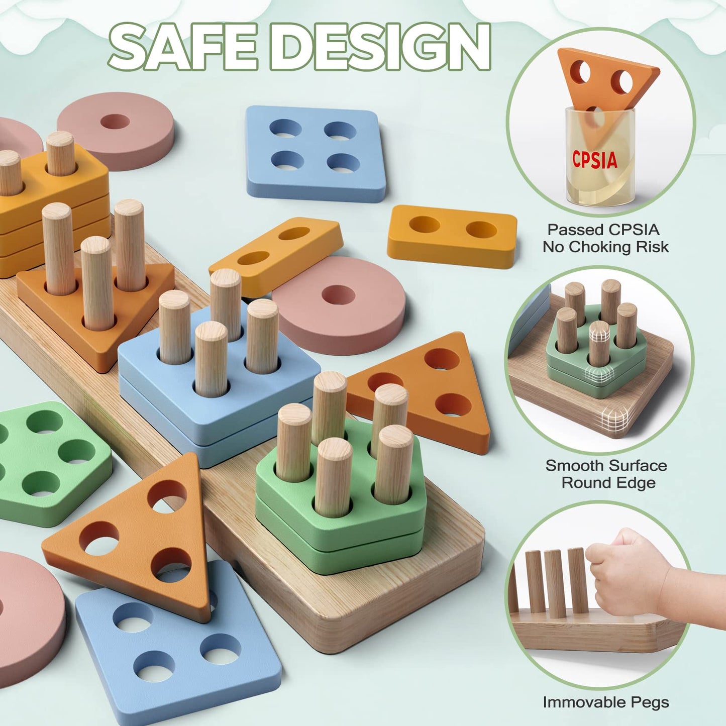 PEBIRA Montessori Toys for 1-2 Year Olds | Wooden Shape Sorter & Stacking Blocks