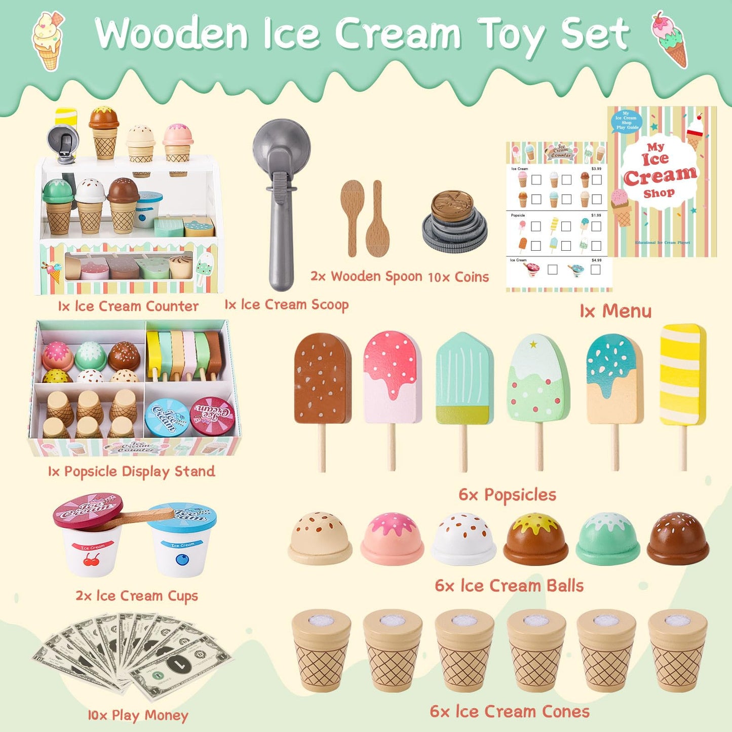 Peccvon Wooden Ice Cream Toys for Kids – Pretend Play Counter Set with Scoop & Money