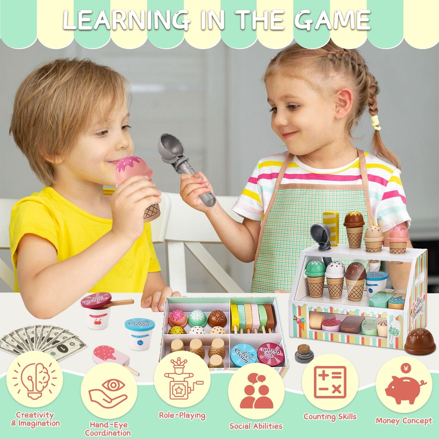 Peccvon Wooden Ice Cream Toys for Kids – Pretend Play Counter Set with Scoop & Money