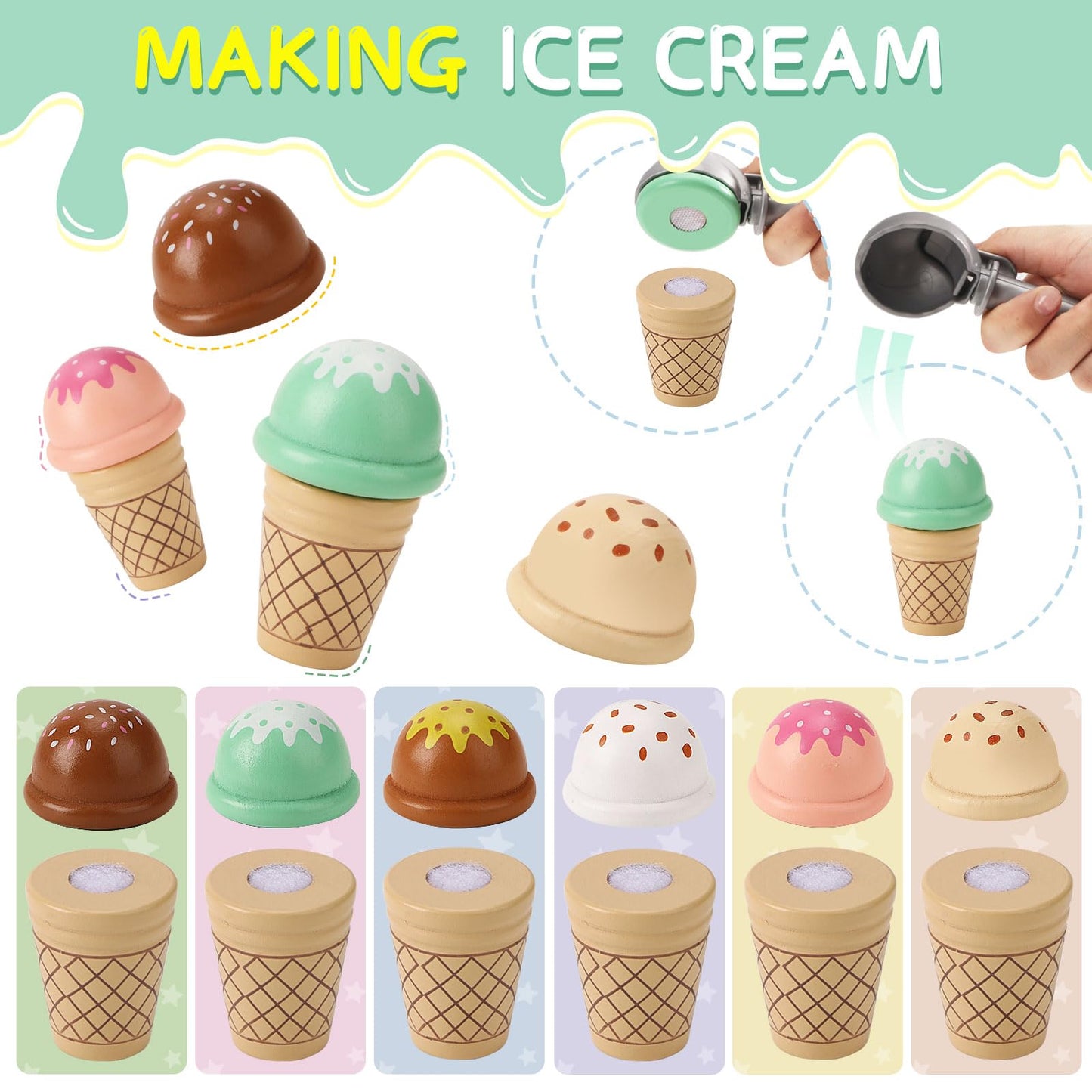 Peccvon Wooden Ice Cream Toys for Kids – Pretend Play Counter Set with Scoop & Money