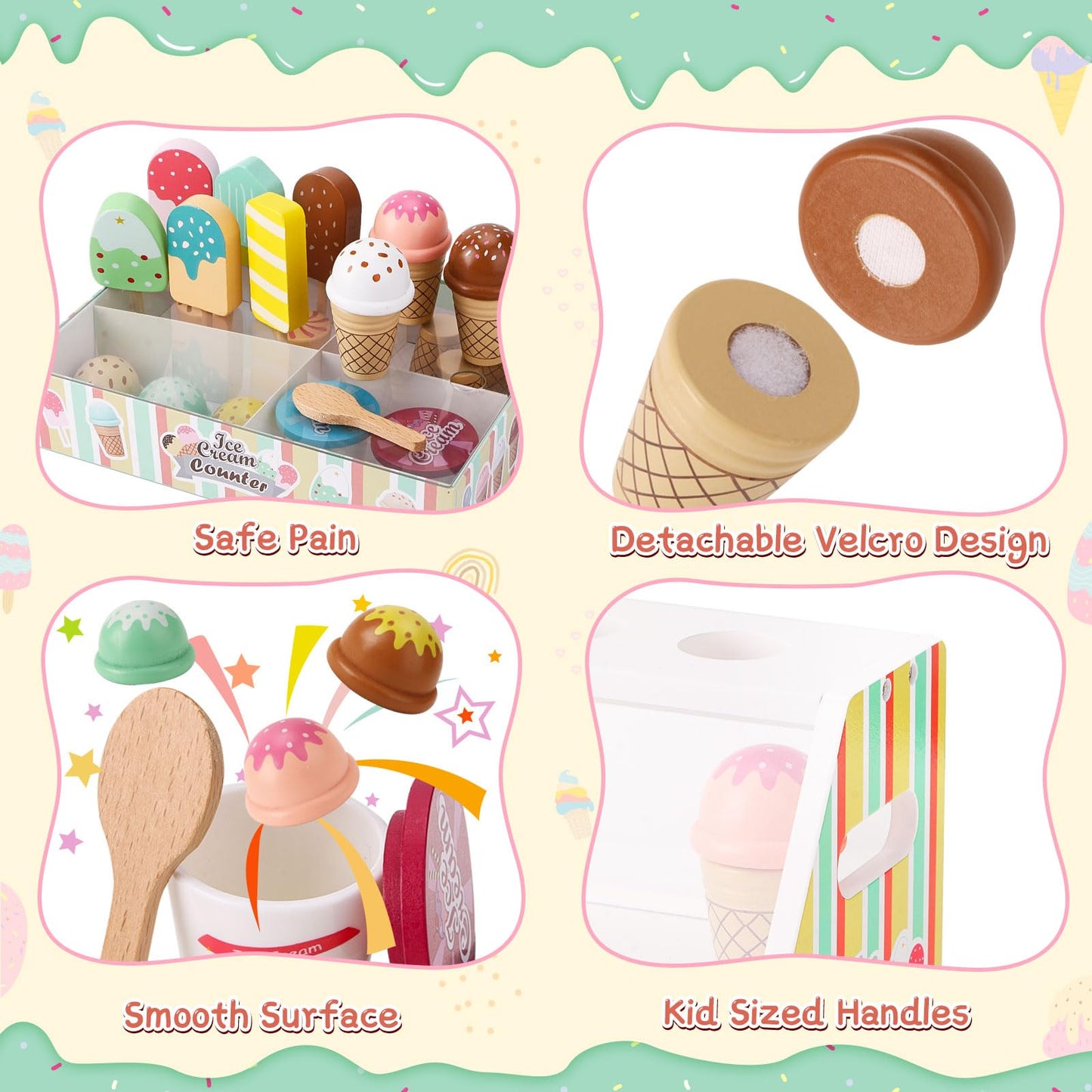 Peccvon Wooden Ice Cream Toys for Kids – Pretend Play Counter Set with Scoop & Money
