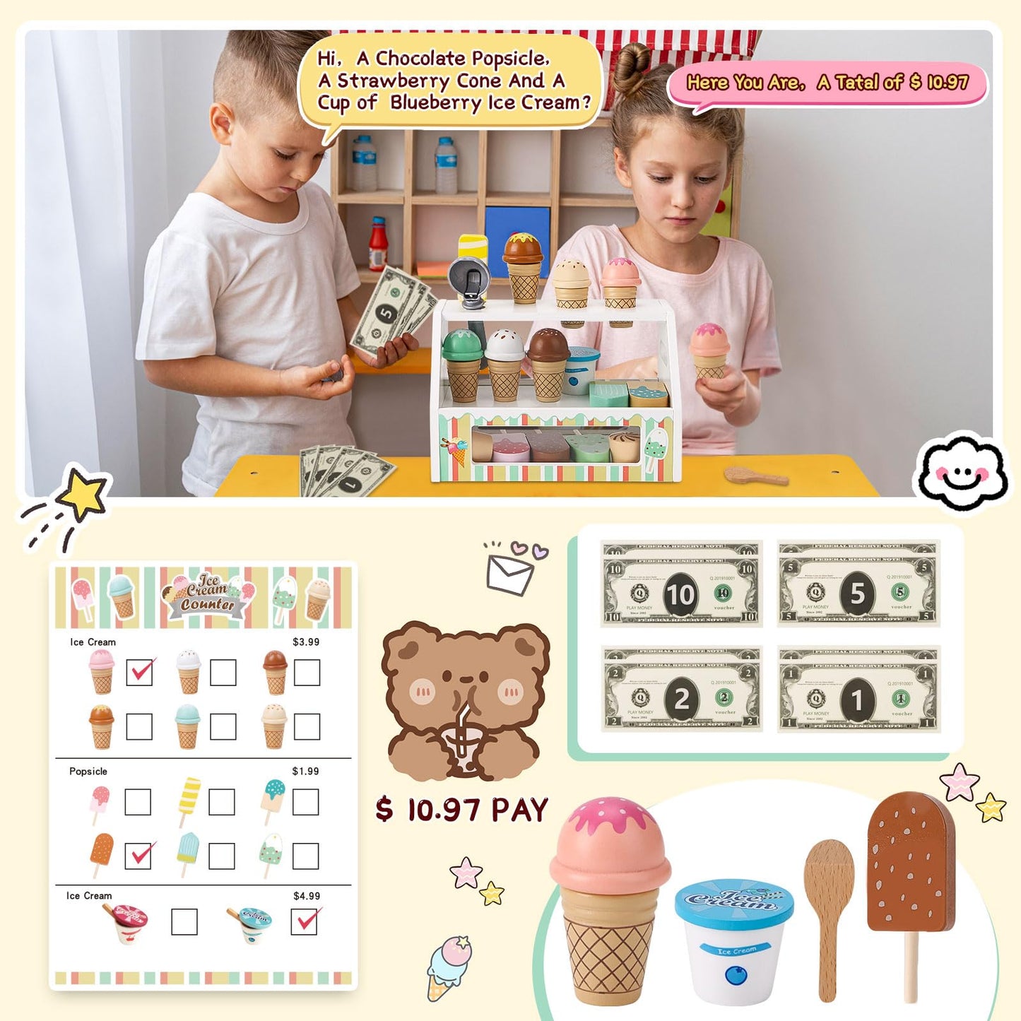 Peccvon Wooden Ice Cream Toys for Kids – Pretend Play Counter Set with Scoop & Money