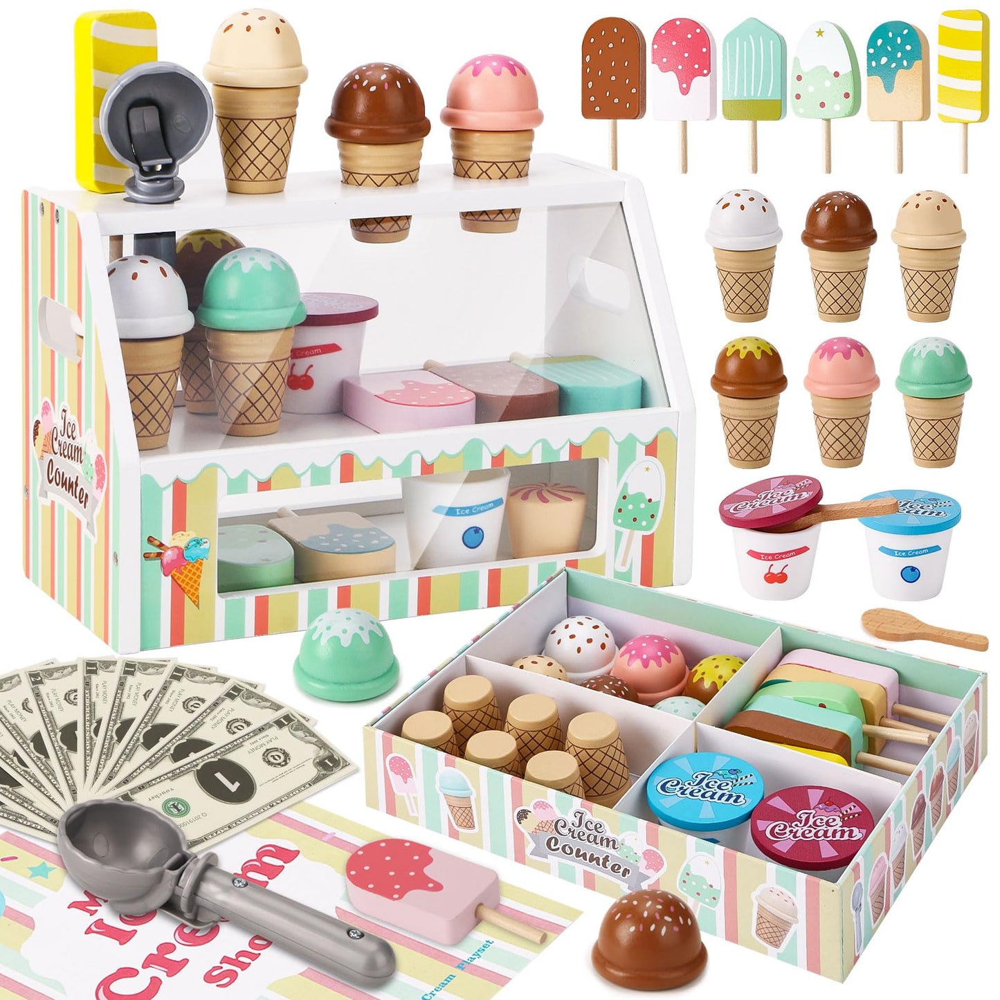 Peccvon Wooden Ice Cream Toys for Kids – Pretend Play Counter Set with Scoop & Money