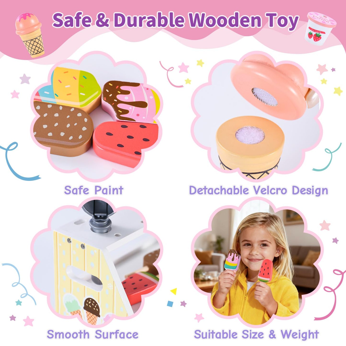 Peccvon Wooden Ice Cream Toy Stand — Pretend Play Set for Kids 3-6