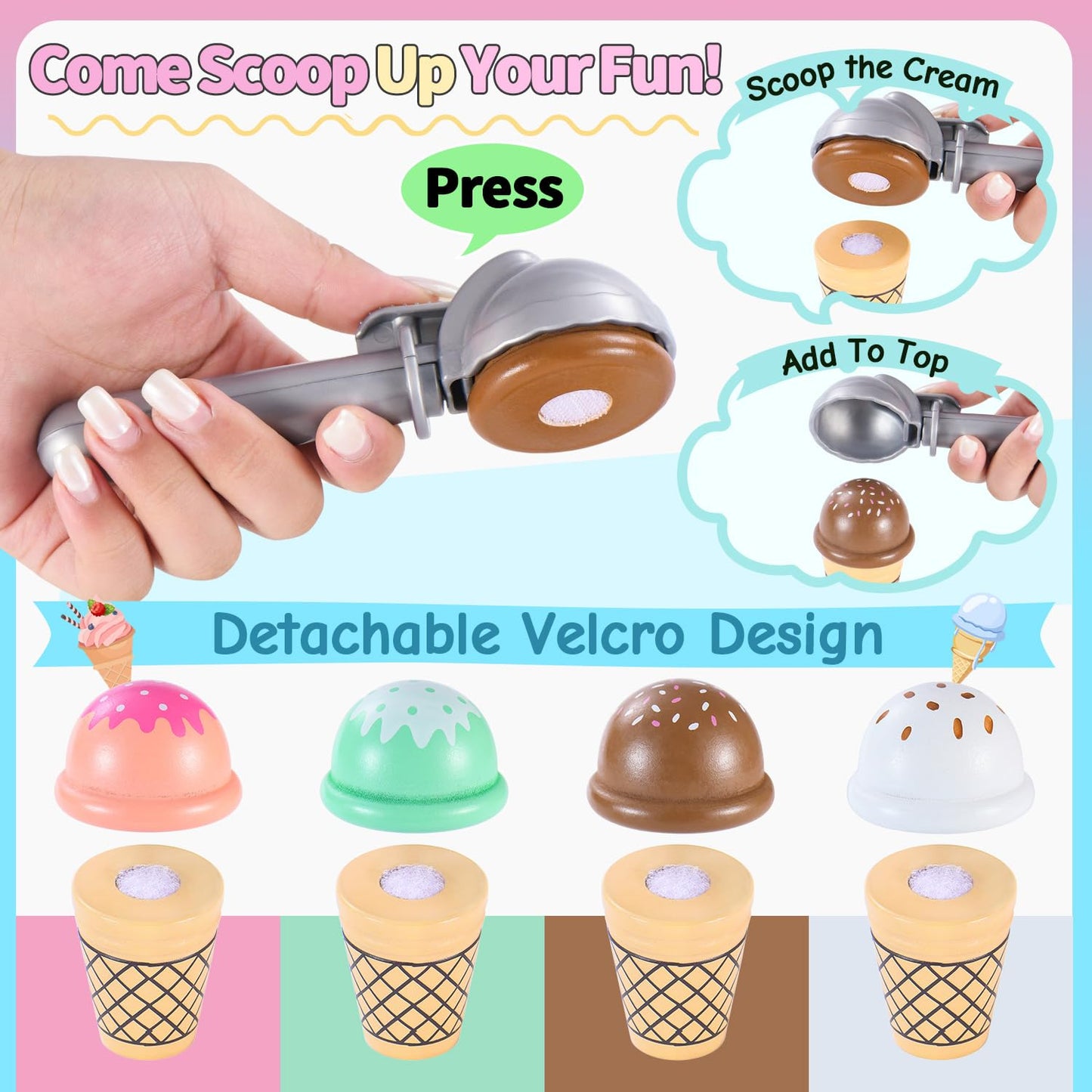 Peccvon Wooden Ice Cream Toy Stand — Pretend Play Set for Kids 3-6