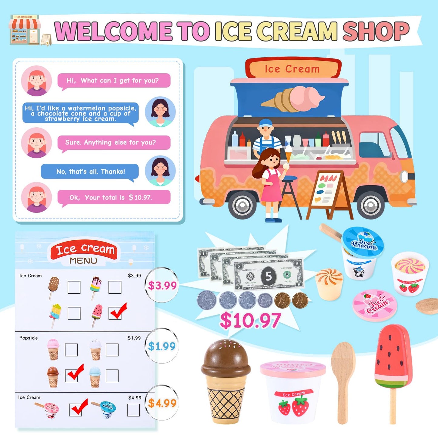 Peccvon Wooden Ice Cream Toy Stand — Pretend Play Set for Kids 3-6