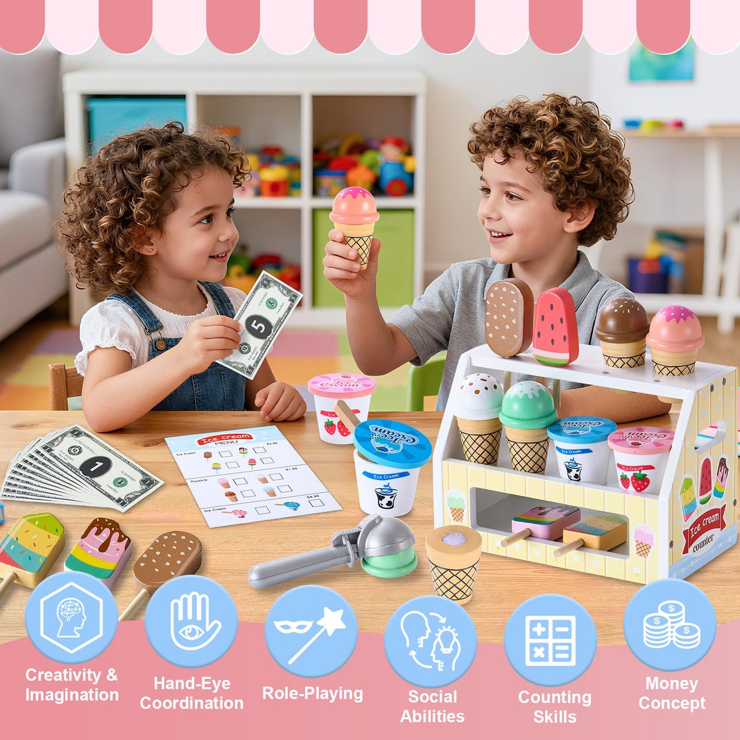 Peccvon Wooden Ice Cream Toy Stand — Pretend Play Set for Kids 3-6