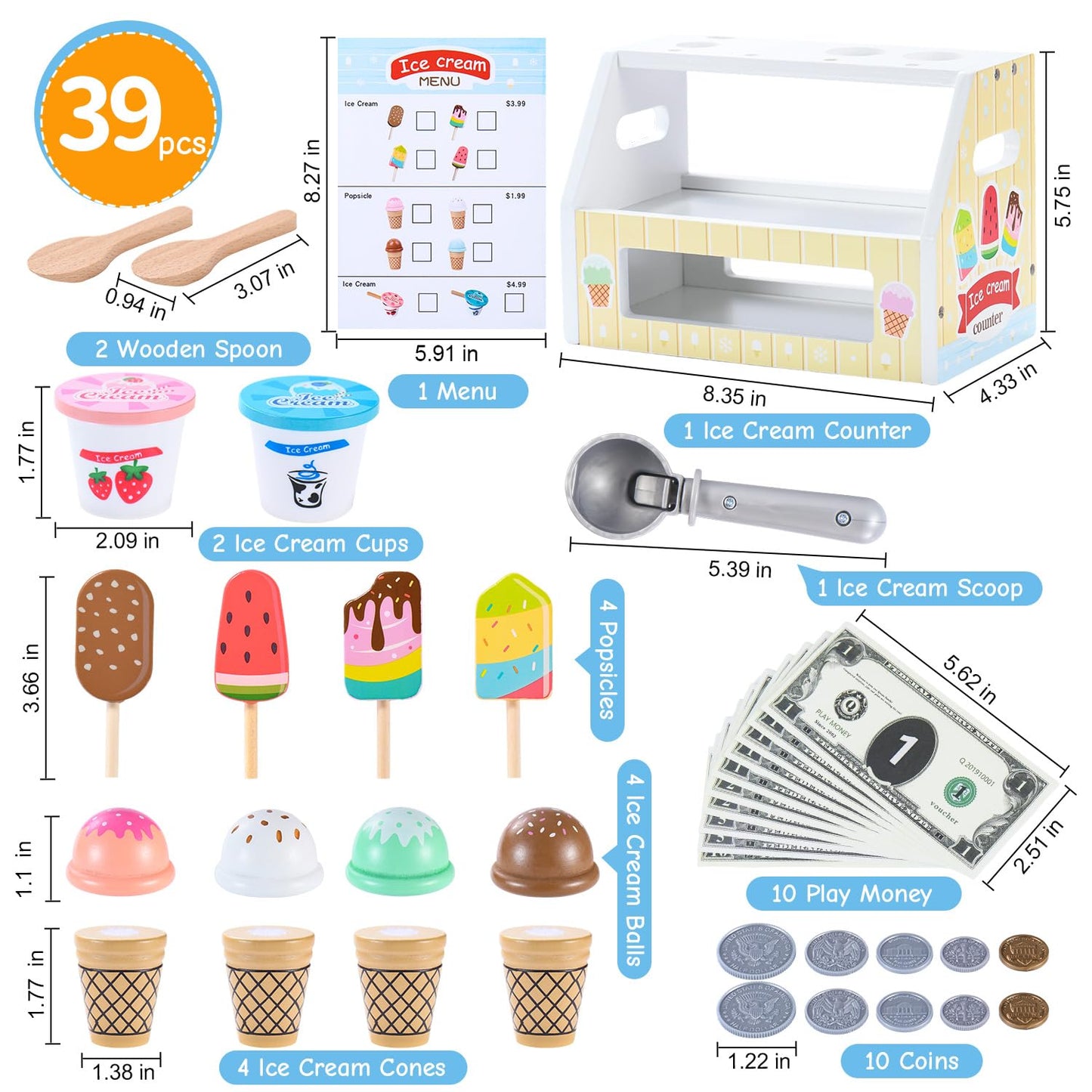 Peccvon Wooden Ice Cream Toy Stand — Pretend Play Set for Kids 3-6