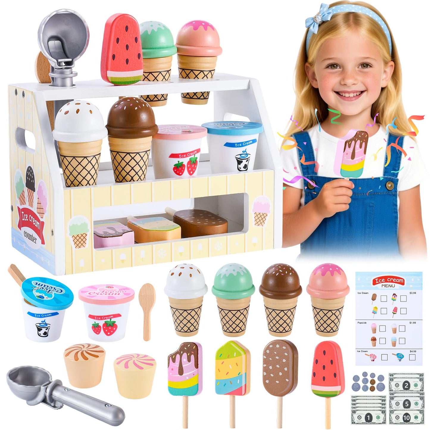 Peccvon Wooden Ice Cream Toy Stand — Pretend Play Set for Kids 3-6